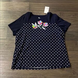 Kim Rogers Tulips Short Sleeve Crew T Shirt navy blue new Women’s 1X